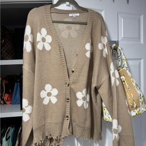 Chic Soul Beige Floral Button-Front Cardigan with White Flowers